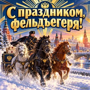 Открытка «С праздником, фельдъегеря!» с почтовой тройкой