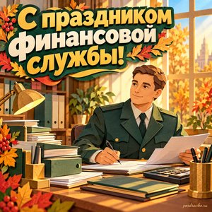 Открытка «С праздником финансовой службы!» с офицером за рабочим столом при золотом солнечном свете