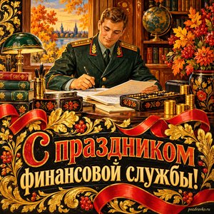Открытка «С праздником финансовой службы!» с офицером за рабочим столом с нарядными праздничными лентами