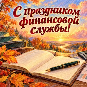 Открытка «С праздником финансовой службы!» с ручкой и открытым блокнотом на фоне мягких осенних облаков