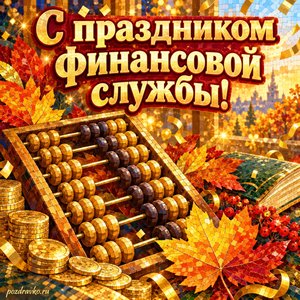 Открытка «С праздником финансовой службы!» с счётами и золотыми листьями с золотыми искрами и конфетти