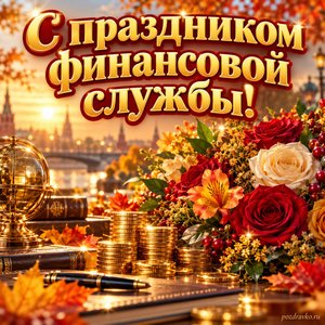 Открытка «С праздником финансовой службы!» с символическими монетами и цветами при золотом солнечном свете