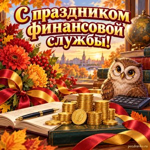 Открытка «С праздником финансовой службы!» с символическими монетами и цветами с нарядными праздничными лентами