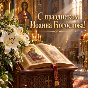 Открытка «С праздником Иоанна Богослова!» с Евангелием и белыми лилиями