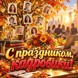 Открытка «С праздником, кадровики!» с деревом и символическими портретами команды при золотом солнечном свете