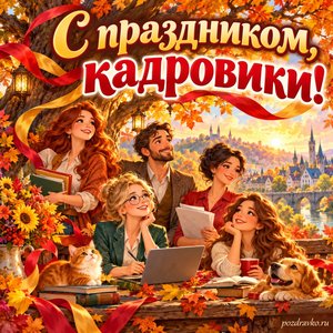 Открытка «С праздником, кадровики!» с деревом и символическими портретами команды с нарядными праздничными лентами
