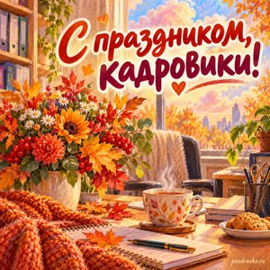 Открытка «С праздником, кадровики!» с уютным кабинетом и чашкой чая на фоне мягких осенних облаков