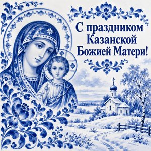 Открытка «С праздником Казанской Божией Матери!» с храмом в поле
