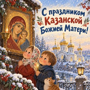 Открытка «С праздником Казанской Божией Матери!» с куполами в ноябрьском снегу