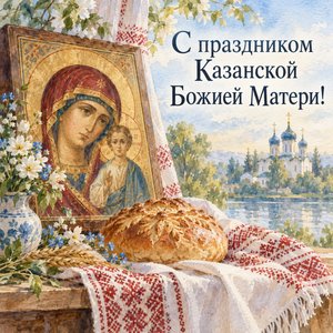 Открытка «С праздником Казанской Божией Матери!» с рушником и караваем