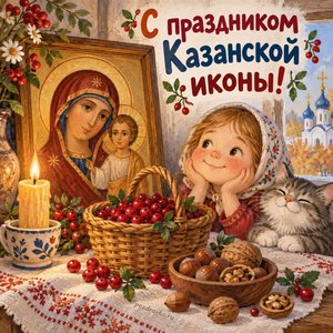 Открытка «С праздником Казанской иконы!» с брусникой и орехами