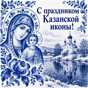 Открытка «С праздником Казанской иконы!» с храмом у реки