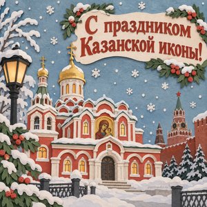 Открытка «С праздником Казанской иконы!» с Казанским собором на Красной площади
