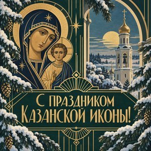 Открытка «С праздником Казанской иконы!» с колокольней за ветвями