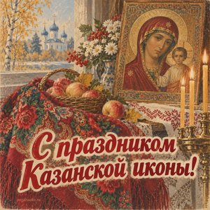Открытка «С праздником Казанской иконы!» с платком и яблоками
