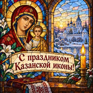 Открытка «С праздником Казанской иконы!» со свечой и видом на монастырь