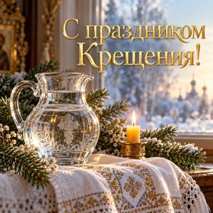 Открытка «С праздником Крещения!» с крещенской водой и свечой