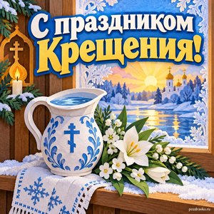 Открытка «С праздником Крещения!» с кувшином и цветами