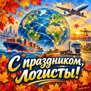 Открытка «С праздником, логисты!» с глобусом и разноцветными маршрутами в рамке из кленовых листьев