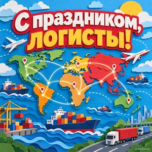 Открытка «С праздником, логисты!» с картой маршрутов
