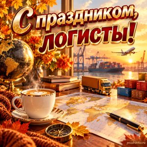 Открытка «С праздником, логисты!» с кофе и настольной картой при золотом солнечном свете