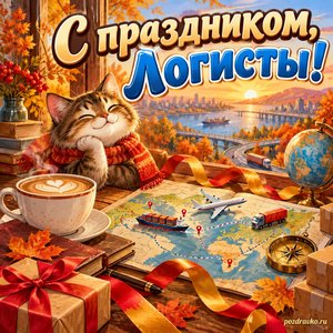 Открытка «С праздником, логисты!» с кофе и настольной картой с нарядными праздничными лентами