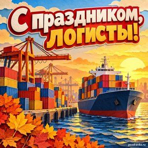Открытка «С праздником, логисты!» с контейнерами и кораблём при золотом солнечном свете