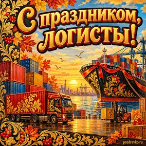 Открытка «С праздником, логисты!» с контейнерами и кораблём с нарядными праздничными лентами