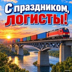 Открытка «С праздником, логисты!» с поездом и контейнерами