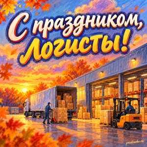 Открытка «С праздником, логисты!» со складом и аккуратными коробками на фоне мягких осенних облаков