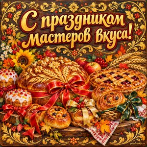 Открытка «С праздником мастеров вкуса!» с праздничной выпечкой с нарядными праздничными лентами