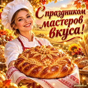 Открытка «С праздником мастеров вкуса!» с работницей пекарни и караваем при золотом солнечном свете