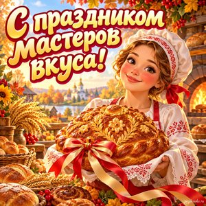 Открытка «С праздником мастеров вкуса!» с работницей пекарни и караваем с нарядными праздничными лентами