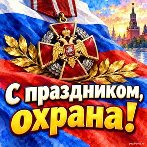 Открытка «С праздником, охрана!» с медалью и флагом