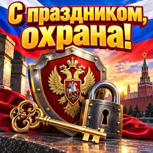 Открытка «С праздником, охрана!» с замком и щитом