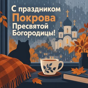 Открытка «С праздником Покрова Пресвятой Богородицы!» с дождём и чаем