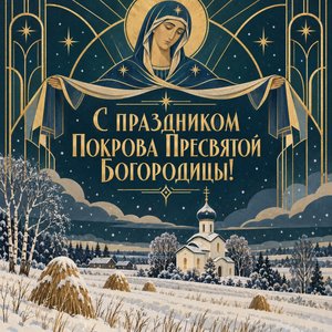 Открытка «С праздником Покрова Пресвятой Богородицы!» с храмом среди стогов