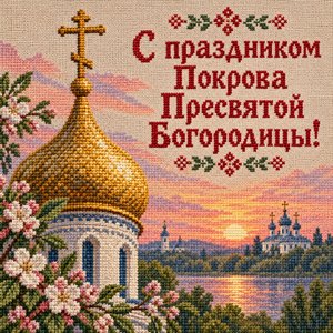 Открытка «С праздником Покрова Пресвятой Богородицы!» с куполом на рассвете