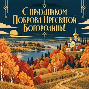 Открытка «С праздником Покрова Пресвятой Богородицы!» с осенней панорамой