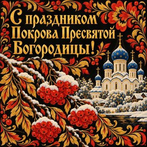 Открытка «С праздником Покрова Пресвятой Богородицы!» с рябиной в снегу