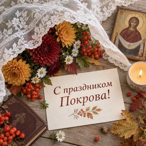 Открытка «С праздником Покрова!» с белым кружевным покровом