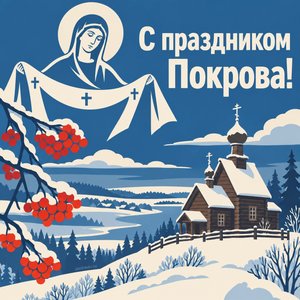 Открытка «С праздником Покрова!» с деревянной церковью в первом снегу