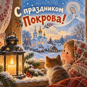 Открытка «С праздником Покрова!» с фонарём на окне
