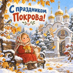 Открытка «С праздником Покрова!» с листопадом на снегу