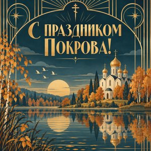 Открытка «С праздником Покрова!» с отражением храма в озере