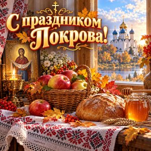 Открытка «С праздником Покрова!» с яблоками, хлебом и мёдом