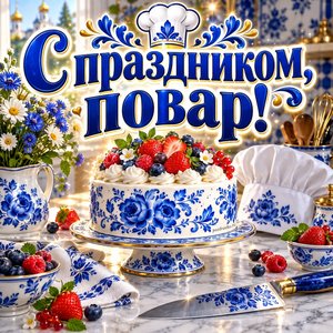 Открытка «С праздником, повар!» с тортом и ножом