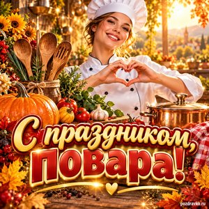 Открытка «С праздником, повара!» с деревянными ложками и тыквой при золотом солнечном свете
