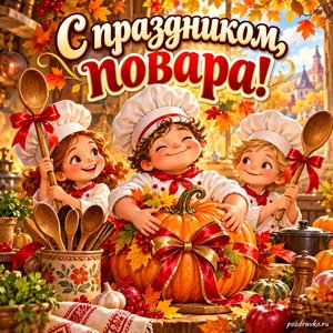 Открытка «С праздником, повара!» с деревянными ложками и тыквой с нарядными праздничными лентами