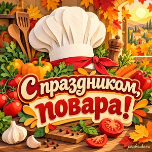 Открытка «С праздником, повара!» с поварским колпаком и овощами при золотом солнечном свете